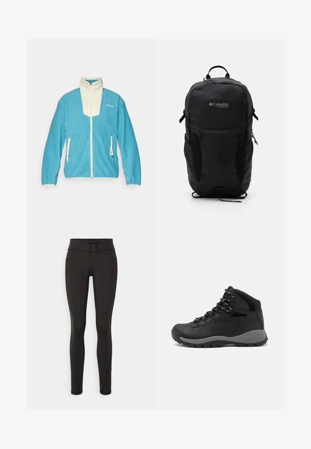 Plava polar jakna s kremastim detaljima, visokim ovratnikom, punim patentnim zatvaračem i dva prednja džepa s patentnim zatvaračem. Sadrži logo na prsima.; Crna Columbia majica s bijelim kružnim crtežom planine i rijeke te natpisom "Columbia Sportswear Company Outside Since 1938."; Crne tajice s visokim strukom, uzicom, glatkom teksturom i uskim dizajnom. Imaju šavove duž bokova.; Crne planinarske čizme s dizajnom srednjeg vrha, sa teksturiranim gornjim dijelom, sivim akcentima i izdržljivom gumom potplatom s uzorkom za prianjanje.; Crna Columbia Titanium ruksak s glatkom tkaninom, bočnim džepovima, gornjom ručkom i podešivim trakama. Minimalistički dizajn s suptilnim brendingom.
