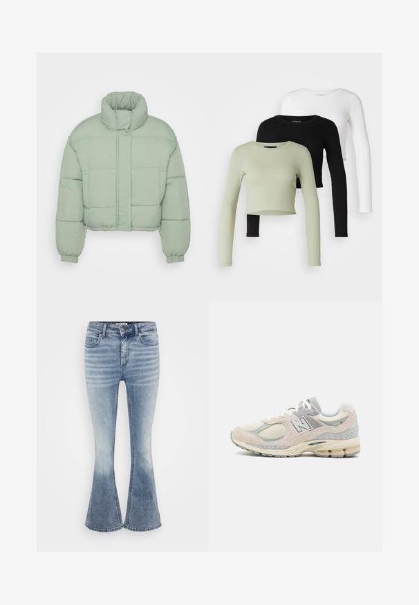 Lühendatud pufferjope helesinises rohelises. Omab kõrget kraed, elastseid mansette ja sooja isolatsiooni tagavaid õmmeldud osi. Sile tekstuur.; Even&Odd Petite 3 PACK - Pikkade varrukatega topp - black/white/light green; Heledad helesinine teksariie, mis on valmistatud denimist, klassikalise viie taskuga disainiga, ees lukuga sulgemine ja õrn pleekimine reite piirkonnas.; Heled hall ja tan värvi New Balance'i tennisekingad, millel on samet ja võrkmaterjal, pehmendatud krae, paks tald ja peegelduvad aktsendid. Sidumisega disain.