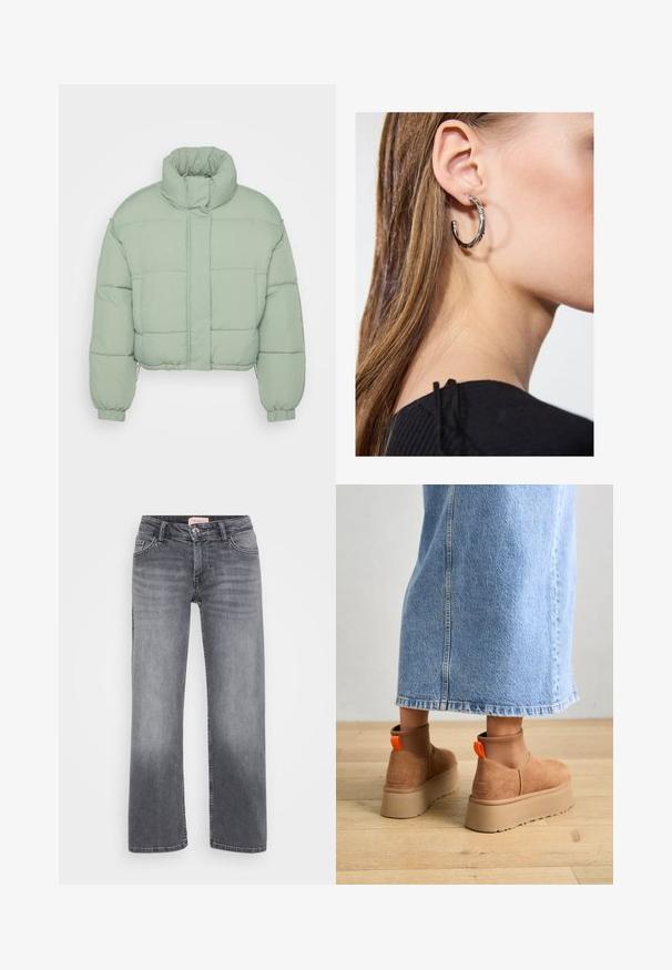 Chaqueta de plumas recortada en verde menta claro. Presenta un cuello alto, puños elásticos y secciones acolchadas para mayor aislamiento. Textura suave.; Even&Odd Petite 2 PACK - Top - light grey/black; Jeans de mezclilla gris con diseño de pierna recta, estilo de cinco bolsillos, leve desgaste y cierre de botón en la cintura.; Botas de plataforma de ante marrón con paneles laterales elásticos y tiradores naranjas, combinadas con una falda de mezclilla ligera hasta la rodilla sobre un suelo de madera.; Pendiente de aro de plata con un acabado pulido, que presenta pequeños detalles en dorado y una forma redonda, llevado en el lóbulo.