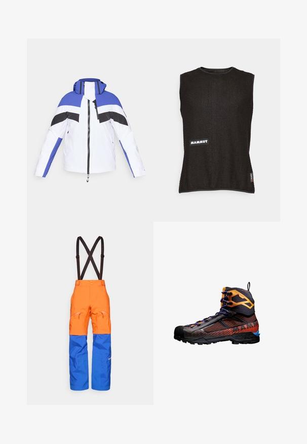 Farbenfrohe Winterjacke mit weißem Grund und blauen sowie schwarzen geometrischen Mustern, einem Reißverschluss und einer Kapuze. Glattes, strapazierfähiges Material.; Ärmelloses schwarzes Oberteil aus strukturiertem Material mit einem weißen "Mammut"-Logo und einem kleinen roten Akzent-Tag an der Seite, runder Ausschnitt.; Orange und blaue wasserdichte Hosen mit verstellbaren schwarzen Trägern, vorderen Reißverschlusstaschen und verstärkten Kniefeldern für Outdoor-Aktivitäten.; Schwarze und orange Wanderschuhe aus Mesh- und Gummi-Materialien. Mit blauen Akzenten, strukturierten Mustern und einem hohen Knöcheldesign zur Unterstützung.