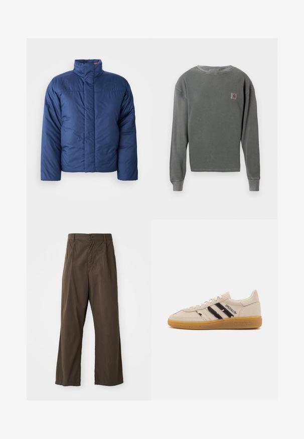Casaco acolchoado azul marinho com colarinho alto, fecho frontal com zip e textura matelassada. Apresenta o logótipo na área do lado esquerdo do peito.; Sweatshirt cinza de manga longa e gola redonda com textura canelada, apresentando um pequeno emblema em forma de quadrado no lado esquerdo do peito e punhos canelados.; Calças largas, castanhas, feitas de algodão, com fecho frontal por botão, passadores de cinto e uma textura suave e mate.; Sapatilha de camurça bege com riscas pretas e texto "Spezial", apresenta uma sola de borracha texturizada e um design clássico de atacadores.