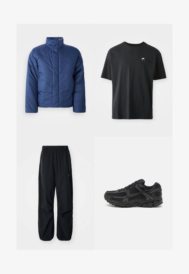 Marineblauwe pufferjack met een hoge kraag, voorritssluiting en gewatteerde textuur. Heeft een logo op de linkerkant van de borst.; Zwarte katoenen T-shirt met korte mouwen, ronde hals, met een klein rechthoekig logo met "NIKE AIR" in het wit op de linkerborst.; Zwarte lichtgewicht cargobroek met een elastische tailleband, zijritsen en ruime zakken. Heeft een losse pasvorm en taps toelopende boorden.; Zwarte sportieve schoen met bovenwerk van mesh, rubberen zool en gestructureerde accenten. Het ontwerp bevat een opvallend vetersysteem en een gewatteerde zool.