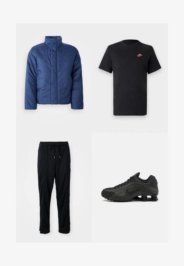 Tamsiai mėlynas pūkuotas švarkas su aukštu apykakle, priekyje užtrauktuku ir siuvinėta tekstūra. Kairėje krūtinės pusėje yra logotipas.; Juodas medvilninis marškinėliai su apvalia apykakle ir trumpomis rankovėmis. Viršutiniame kairiajame kampe yra rožinė Nike logo. Lygus paviršius.; Juodos laisvos kelnės su raišteliu liemens, šoninėmis kišenėmis ir tiesiu kirpimu ant vienodos fono.; Juodi bėgimo bateliai su lygiu sintetiniu paviršiumi, perforuotomis detalėmis, tekstūruotais šonų skydeliais ir išskirtiniu elastingu padu.