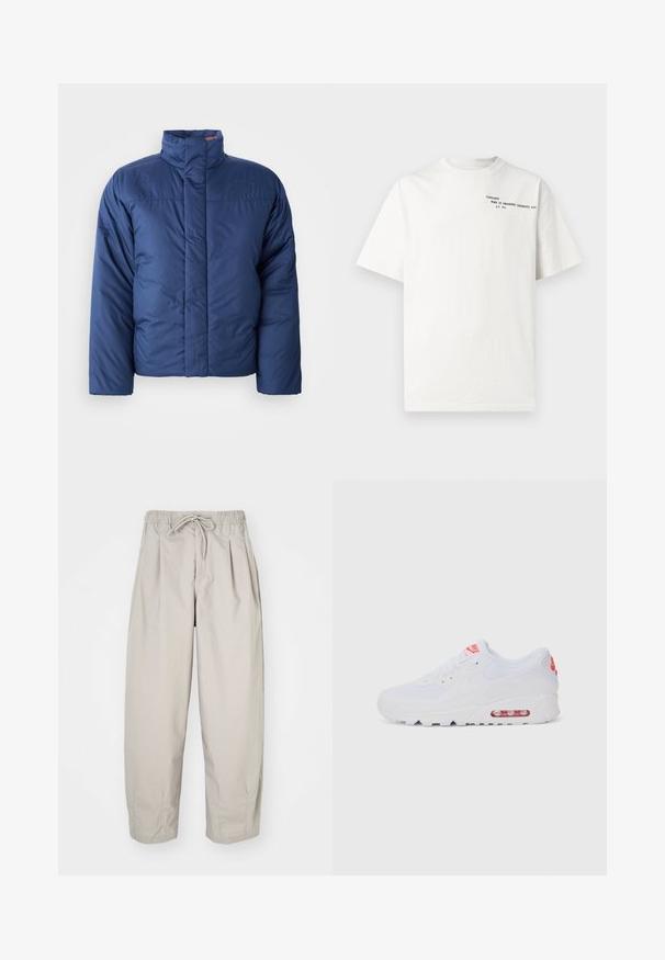 Tengerészkék puffkosztüm magas gallérral, elöl cipzárral és steppelt textúrával. A bal mellkasi részen logóval rendelkezik.; Fehér pamut rövid ujjú póló környakú kivitelben, a mellkason fekete nyomtatott szöveggel: "Carhartt Work in Progress 1989."; Beige, könnyű nadrág, rugalmas derékkal és zsinórral. Ráncokkal és laza szabással rendelkezik, puha, sima anyagból készült.; Fehér sportcipő, sima felsőrésszel, fűzős zárással, párnázott talppal és látható légpárnával, piros részletekkel a logón.