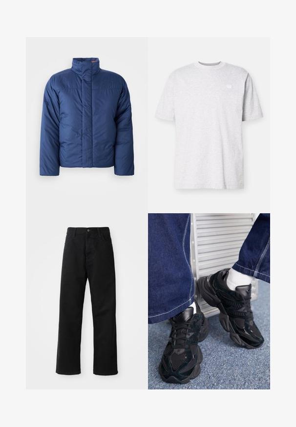 Tumedat sinine puffjaket kõrge kraega, esiotsaga lukuga ja tikitud tekstuuriga. Vasakul rinnal on logo.; Hele halli puuvillane t-särk lühikeste varrukatega, ümar kaelus ja väike valge logo vasakul rinnal. Pehme tekstuur, vabalt istuv mudel.; Mustadest denimist püksid sirge lõikega, mis sisaldavad ees taskuid, lukufliisi ja ühte ülemist nööpi. Tekstureeritud kangas mati viimistlusega.; Mustad mustad tossud, mis sisaldavad nii tekstuuri kui siledat materjali, silmapaistva nöörimise ja jämeda tallaga, koos tumedate teksapükstega.