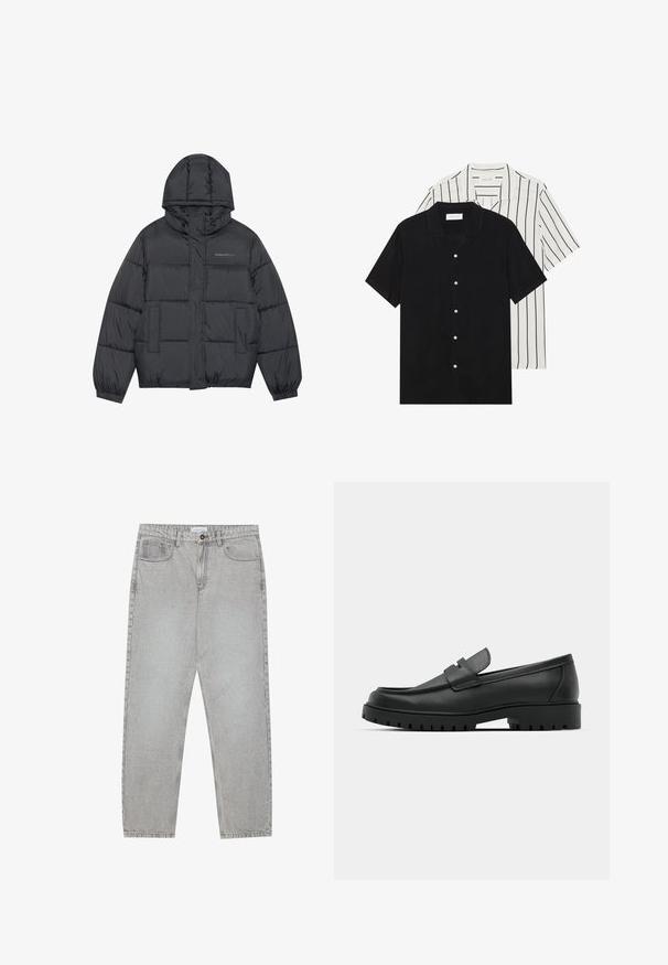 Giacca imbottita di colore grigio scuro con chiusura a zip, cappuccio, due tasche anteriori, polsini elasticizzati e puff cuciti che creano texture. Logo sul petto.; Due camicie a manica corta: una nera uniforme, l'altra bianca con strisce verticali nere. Entrambe presentano chiusure a bottoni e un colletto classico.; Pantaloni in denim grigio chiaro con design a gamba dritta, stile a cinque tasche e chiusura con bottone. Cuciture visibili lungo le cuciture.; Mocassini in pelle nera con punta rotonda, caratterizzati da un design cucito, suola piatta bassa e un battistrada in gomma testurizzata e scolpita.