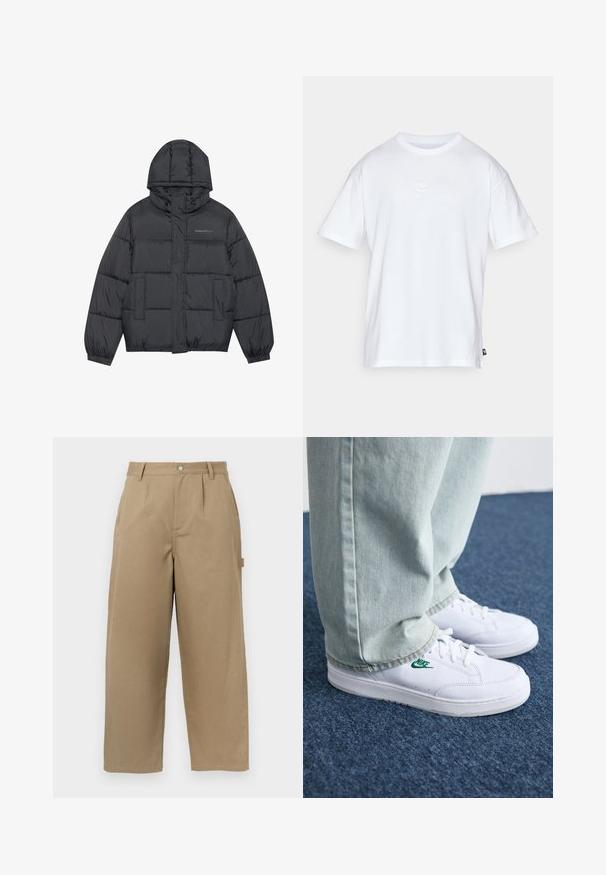 Puffer jacket in dark grey with a zip closure, hood, two front pockets, elastic cuffs, and stitched puffs creating texture. Logo on chest.; White cotton t-shirt with short sleeves and a round neck. Features a small, subtle Nike logo on the chest and a side label.; Beige wide-leg trousers made of cotton blend, featuring a high waist, front pleats, and two side pockets with a button closure.; White leather sneakers with green Nike logo, round toe, flat sole, paired with light blue denim pants, shown on a blue carpet.