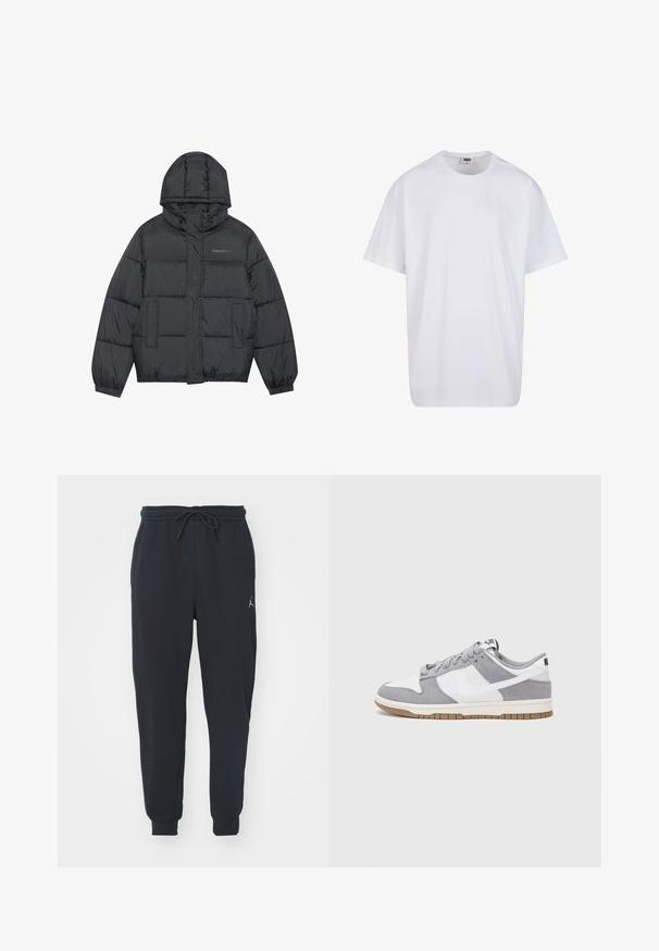 Giacca imbottita di colore grigio scuro con chiusura a zip, cappuccio, due tasche anteriori, polsini elasticizzati e puff cuciti che creano texture. Logo sul petto.; Maglietta bianca in cotone con maniche corte, scollatura rotonda, vestibilità comoda e senza loghi o motivi visibili. Texture liscia e design minimale.; Pantaloni jogger neri realizzati in tessuto morbido, dotati di una vita elastica con coulisse, polsini a costine e un piccolo logo sulla coscia sinistra.; Le sneakers Nike presentano una tomaia in camoscio grigio e pelle bianca con perforazioni, lacci rotondi e una suola in gomma per una migliore aderenza.