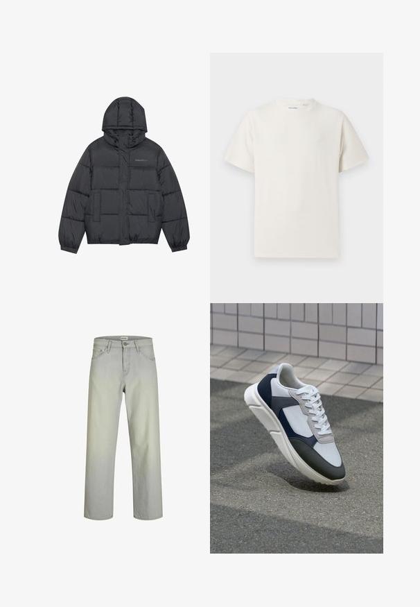 Giacca imbottita di colore grigio scuro con chiusura a zip, cappuccio, due tasche anteriori, polsini elasticizzati e puff cuciti che creano texture. Logo sul petto.; T-shirt bianca a maniche corte in texture a coste. Girocollo, vestibilità rilassata, senza modelli o accenti visibili. Design semplice e versatile.; Jeans grigio chiaro, aderenti dritti con un classico design a cinque tasche, chiusura a bottone e passanti per cintura. Realizzati in tessuto denim con una trama liscia.; Sneaker bianca, blu navy e grigia con un design a materiali misti, caratterizzata da una tomaia testurizzata, lacci piatti e una suola imbottita.