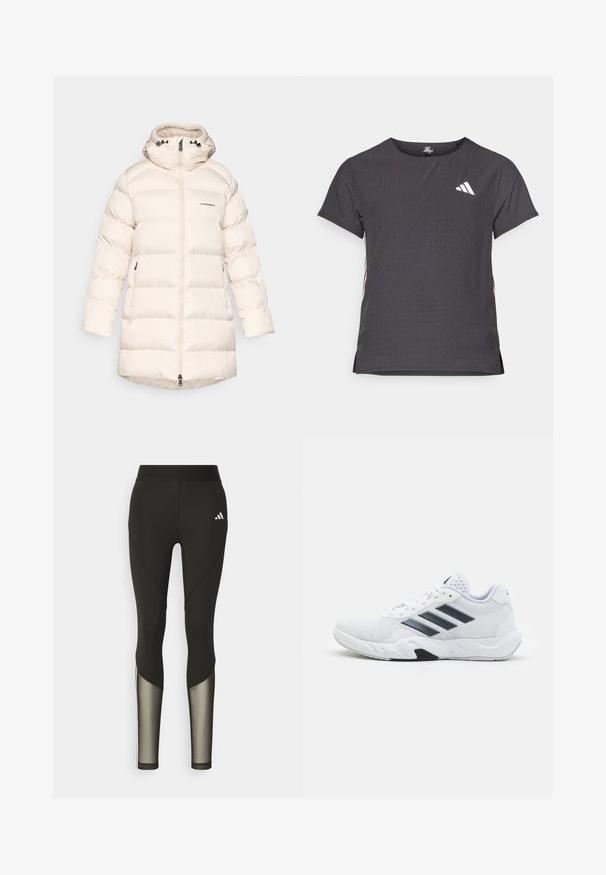 Jachetă puffer de culoare crem, cu guler înalt, fermoar frontal și două buzunare laterale. Fabricată dintr-un material neted, izolat, cu panouri cusute.; Tricou athletic cu mânecă scurtă, gri închis, cu textură perforată. Prezentă un logo alb și dungi contrastante pe laterale. Guler rotunjit.; Leggings negri pentru sport, cu talie înaltă, având accente din plasă pe picioare și un logo brodat pe șold.; Adidași albi cu partea superioară din plasă, trei dungi negre pe lateral, accente texturate și o talpă din cauciuc solidă cu o secțiune contrastantă neagră.