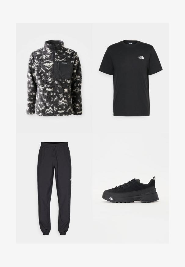 Giacca in fleece con un motivo astratto in bianco e nero, colletto alto, zip frontale completa e una tasca sul petto in tessuto nero.; T-shirt nera in cotone con maniche corte, colletto a giro, e un piccolo logo bianco sul lato sinistro del petto. Design semplice, texture liscia e vestibilità rilassata.; Pantaloni sportivi neri realizzati in tessuto leggero, con vita regolabile con cordino, tasche laterali e orli affusolati alle caviglie.; Sneaker da esterno nera con parte superiore in suede, suola in gomma testurizzata e robusto sistema di allacciatura. Presenta un tallone rinforzato e il logo del marchio sul lato.