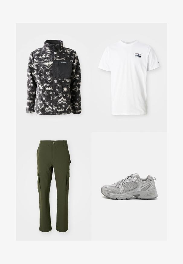 Fleece jope musta ja valge abstraktse mustriga, kõrge kraega, täis eesluku ja mustast kangast rinnataskuga.; Valge puuvillane t-särk lühikeste varrukatega. Vasakus rinnas on tumesinine logo. Lihtne ümar kaelus, sile tekstuur.; Oliivrohelised cargo püksid, mis on valmistatud kergest kangast. Omavad sirgeid jalgu, mitu külgtaskut ja nööbiga kinnitust taljes.; Hõbedane sportlik jalanõud, millel on stiilne disain, võrkpaneelid, pehmendatud keel, tekstureeritud sünteetiline pealmine osa ja kummist välistald haardumise tagamiseks.