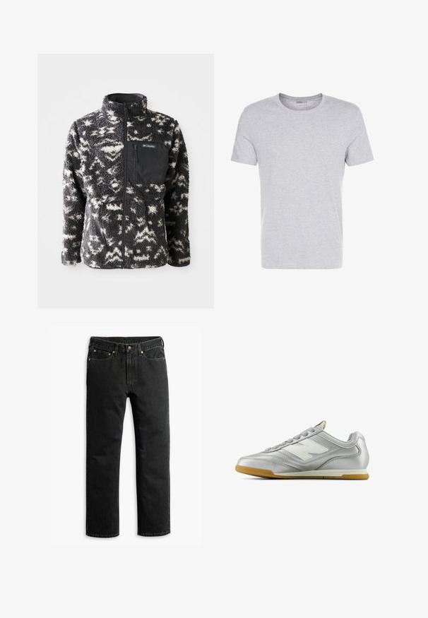 Fleece jacket with a black and white abstract pattern, high collar, full front zipper, and a chest pocket in black fabric.; Gray cotton t-shirt with a crew neck, short sleeves, and a plain design, featuring a soft, smooth texture and no visible patterns or embellishments.; Black straight-leg denim jeans with five pockets, belt loops, and a button closure at the waist, laid flat on a white background.; Silver athletic shoe with a smooth, shiny surface, white logo on the side, textured gray laces, and a gum rubber sole.