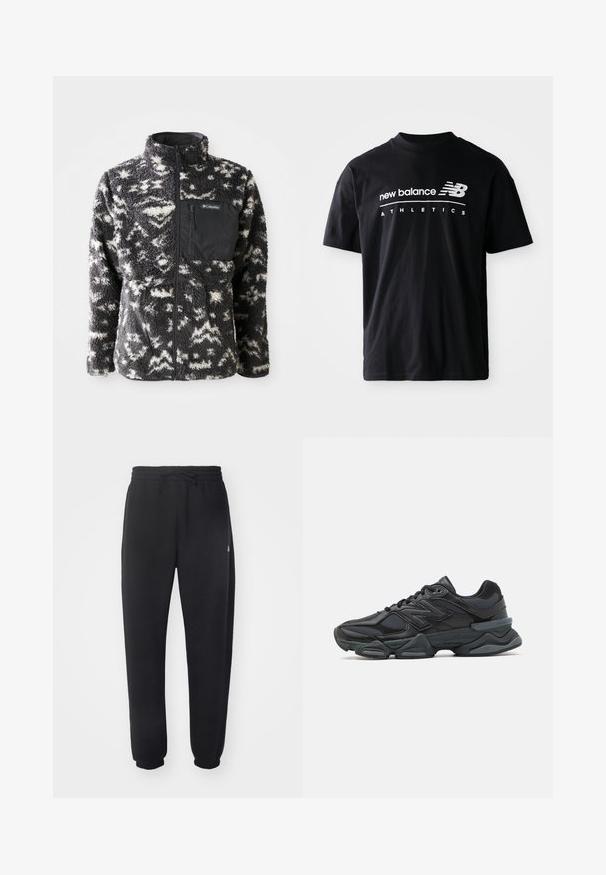 Chaqueta de forro polar con un patrón abstracto en blanco y negro, cuello alto, cierre frontal completo y un bolsillo en el pecho de tela negra.; Camiseta de algodón negra con cuello redondo, mangas cortas y gráficos en blanco con el texto "new balance" y "ATHLETICS" en la parte delantera.; Pantalones de chándal negros hechos de un material suave, con una cintura elástica, cordón y puños acampanados, con un sutil logotipo en el lateral.; Zapatilla de running negra que presenta una combinación de malla y materiales sintéticos, suela gruesa, diseño curvado y una marca prominente en el costado.