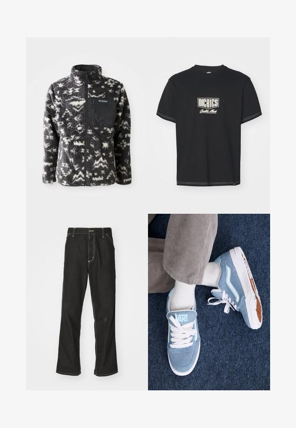 Giacca in fleece con un motivo astratto in bianco e nero, colletto alto, zip frontale completa e una tasca sul petto in tessuto nero.; T-shirt di cotone nero con un logo rettangolare bianco che recita "DICKIES" e "Quality Made." Presenta maniche corte e cuciture a contrasto.; Jeans in denim nero con una vestibilità ampia, caratterizzati da cuciture bianche a contrasto, chiusura a bottone e un design a gamba dritta.; Sneakers in suede blu chiaro con lacci e dettagli bianchi, caratterizzati da una punta stretta e una suola in gomma spessa con battistrada testurizzato.