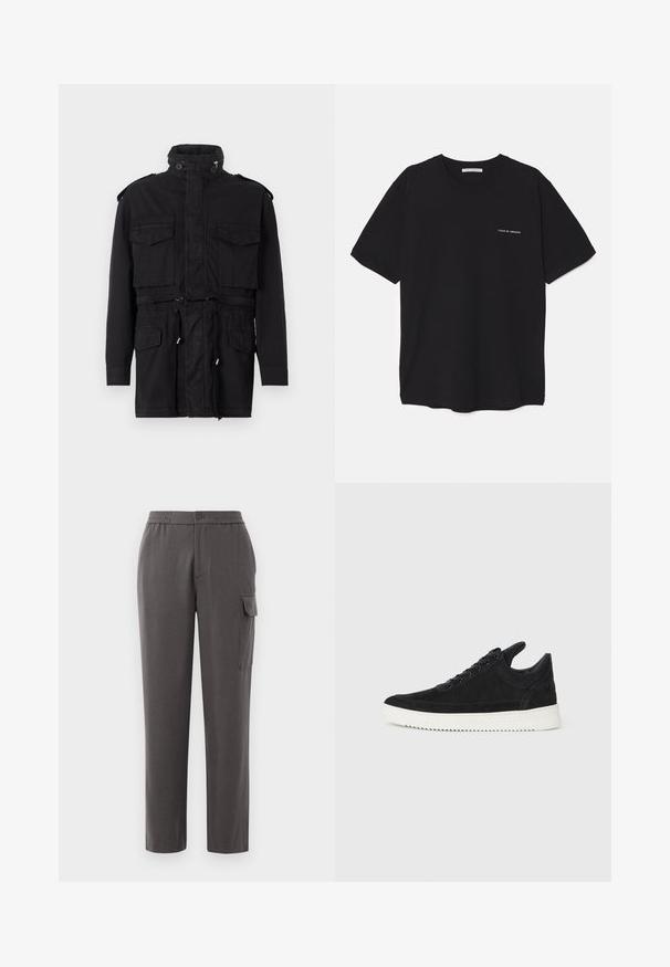 Parka noire avec un col haut, deux poches avant, taille à cordon de serrage et épaulettes dans un tissu résistant.; T-shirt en coton noir avec un col rond, des manches courtes et un logo blanc imprimé sur la poitrine gauche. Design simple, couleur unie.; Pantalon gris à coupe décontractée, fabriqué à partir d'un tissu lisse. Comprend une fermeture à bouton, des poches latérales et une poche cargo sur la jambe.; Baskets en daim noir avec une semelle en caoutchouc blanc, présentant des coutures tonales et un design lacé. Texture lisse avec une forme moderne et épurée.