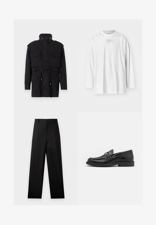 Parka noire avec un col haut, deux poches avant, taille à cordon de serrage et épaulettes dans un tissu résistant.; Feng Chen Wang DECONSTRUCTION UNISEX - T-shirt à manches longues - white; Pantalons noirs en coton avec une coupe droite, dotés d'une fermeture à bouton à l'avant et de poches latérales. Texture lisse, sans motifs.; Mocassins en cuir noir avec un embout rond, présentant des accents en métal doré et des détails de couture, montés sur une semelle en caoutchouc texturé et basse.