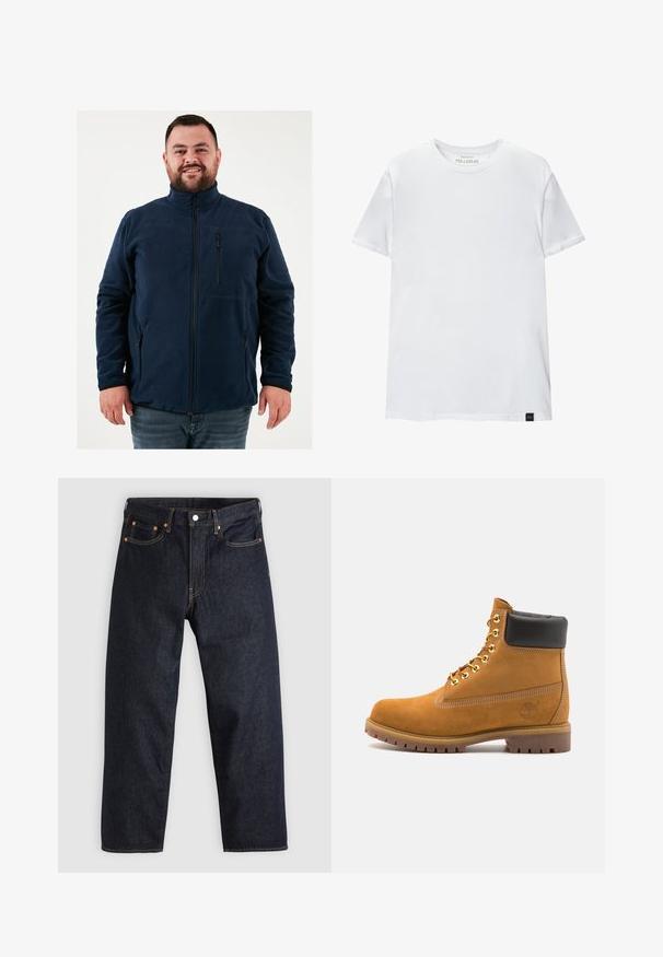 Morska flis jakna z visokim ovratnikom, sprednjim zadrgo in žepi z zadrgo. Ima gladko teksturo in prilegajočo se zasnovo.; Bela majica oprijetog kroja izrađena od pamuka. Okrugli izrez, kratki rukavi, glatka tekstura. Mala crna oznaka na rubu. Jednostavan dizajn.; Temno modri kavbojki s ravnim krojem, petimi žepi, kontrastnim oranžnim šivom in gumbom za zapiranje. Brez vidnih vzorcev ali okraskov.; Svetlo rjave anklne čizme iz semiša z črnim oblazinjenim ovratnikom, zlatimi kovinskimi očesci, belimi šivi in robustnim gumijastim podplatom s izrazitimi tredi.