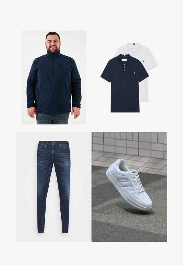 Tengerészkék fleece dzseki magas gallérral, elülső cipzárral és cipzáras zsebekkel. Simaság jellemzi, valamint testhezálló fazonnal bír.; Két pólóing: az egyik sötétkék, a másik fehér, mindkettőn kicsi piros, fehér és kék díszítés található a mellzsebből és a galléron.; Sötétkék farmernadrág, testhezálló fazonnal, finom áttűnéssel, öt zsebbel és fémből készült gombzárral. Kontrasztos színű varrási díszítések.; Fehér sportcipő sima bőr felsőrésszel, fűzős elülettel, perforált orral és mintázott talppal. Minimalista dizájn három oldalsávval.