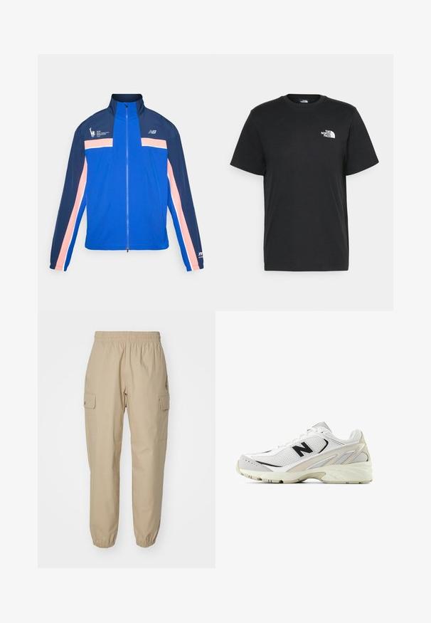 Blue jacket with navy and pink stripes, high collar, zip closure, and sport logo on left chest. Lightweight, smooth fabric.; Black cotton t-shirt with short sleeves, crew neck, and a small white logo on the left chest. Simple design, smooth texture, and relaxed fit.; Beige cargo pants with an elastic waistband, tapered legs, and side pockets. Smooth fabric with a slightly structured texture.; White sneaker with mesh upper, black accents, and beige side details. Features a cushioned sole and lace-up closure.