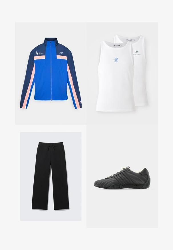Veste bleue avec des rayures bleu marine et rose, col haut, zip sur le devant et logo sportif sur la poitrine gauche. Tissu léger et lisse.; Deux débardeurs blancs, texture côtelée, avec des logos brodés en bleu et vert. L'un présente un design de soleil, l'autre un palmier.; Pantalons de survêtement larges noirs en tissu doux. Possède une taille élastique avec un cordon de serrage et des poches latérales. Texture lisse.; adidas Originals ADIRACER UNISEX - Baskets basses - core black/cream white