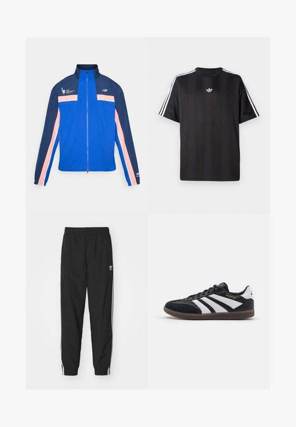 Giacca blu con strisce navy e rosa, collo alto, chiusura con zip e logo sportivo sul lato sinistro del petto. Tessuto leggero e liscio.; Maglietta nera a maniche corte con dettagli bianchi a tre strisce sulle spalle e un piccolo logo bianco sul petto. Tessuto dalla texture liscia.; Pantaloni da track neri con vita e polsini elastici, caratterizzati da strisce laterali bianche e un piccolo logo Adidas bianco sul fianco sinistro.; Scarpe da ginnastica in bianco e nero con tomaia in suede e materiale sintetico, dotate di tre strisce bianche distintive, suola in gomma e testo dorato "Predator".