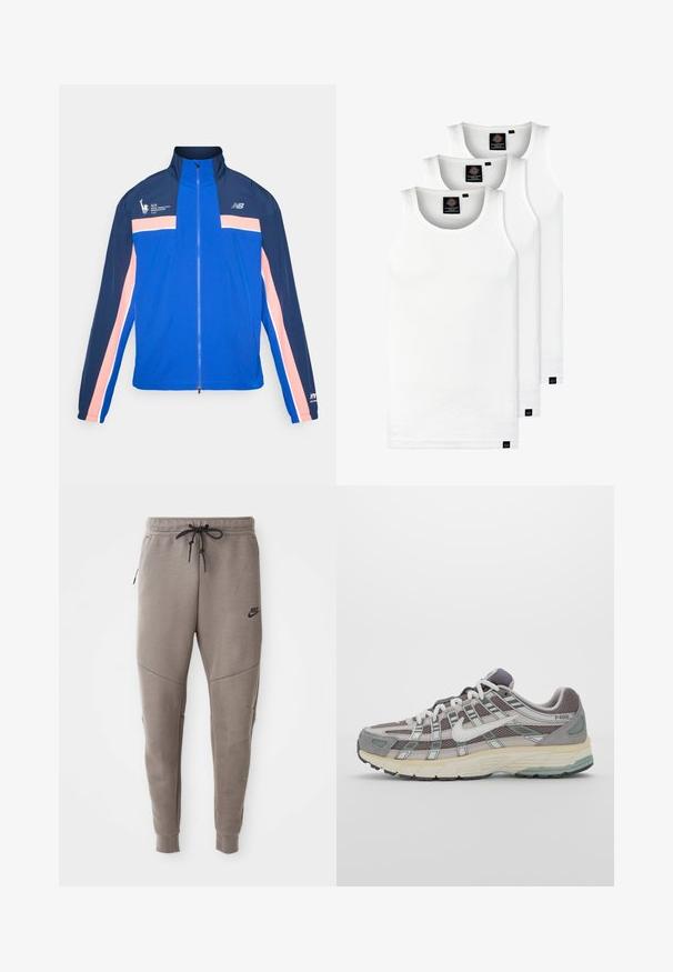 Sinine jakk, millel on tumesinised ja roosa triibud, kõrge kaelus, lukuga kinnitus ja spordilogo vasakul rinnal. Kerge ja sile kangas.; Kolm valget ribaga t-särki, mis on valmistatud puuvillast. Omavad ümmargust kaelanõhku ja väikseid musti silte hemme lähedal. Saadaval erinevates suurustes.; Hallide Nike dressipüksid, millel on nööriga vöökoht, kitsenevad sääred, küljetaskud ja eristuv õmbluse detail. Pehme, tekstureeritud kangas.; Hallus hallitus jalanõud, millel on võrgust ja sametist ülemine osa, valged rõhutused, pehme tald ning eristuv disain peegelduvate elementidega.