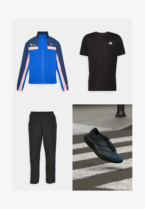 Blue jacket with navy and pink stripes, high collar, zip closure, and sport logo on left chest. Lightweight, smooth fabric.; Black cotton t-shirt with short sleeves, crew neckline, and a white logo on the left chest. Smooth texture and simple design.; Black track pants with blue side stripes, elastic waistband, smooth texture, and tapered legs. Features logo near the waistband.; Black and blue athletic shoe with a streamlined design, featuring a textured upper, contrasting stripes, and a cushioned sole, hovering over pavement.