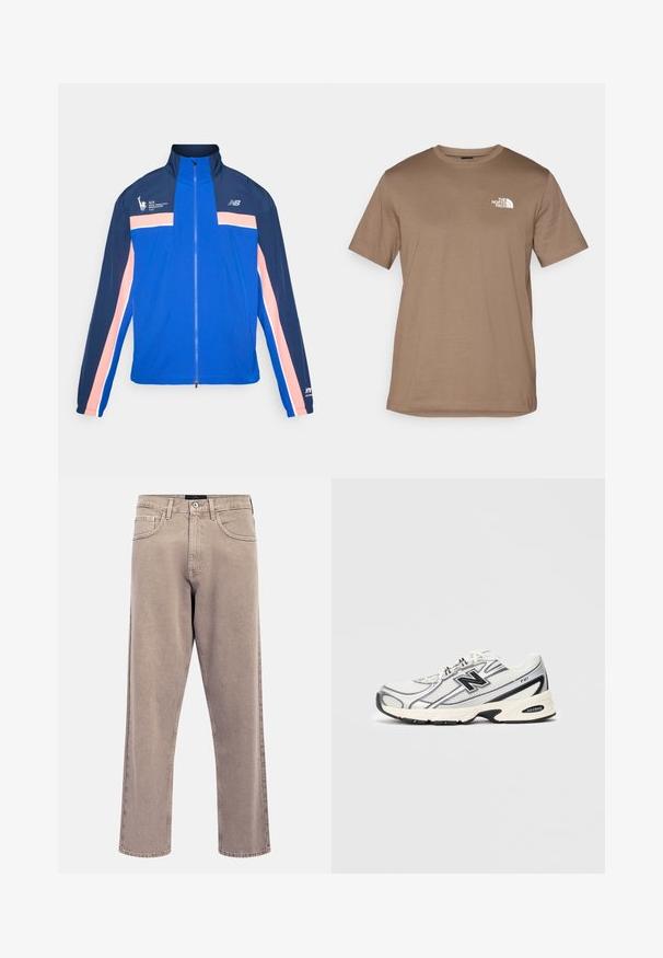 Modrá bunda s námořnickými a růžovými pruhy, vysoký límec, zapínání na zip a sportovní logo na levé hrudi. Lehký, hladký materiál.; Hnědé tričko s krátkým rukávem vyrobené z bavlny s žebrovaným kulatým výstřihem. Na levé části hrudi je umístěno malé bílé logo.; Světle béžové džíny s rovným střihem nohavic, mírně vybledlou texturou, pětiprvkovým designem kapes a uzavíráním na kovový knoflík. Výrazné švy.; Bílé a šedé sportovní tenisky s černým logem "N", síťovaným svrchním materiálem, polstrovanou podrážkou a šněrovacím designem, zobrazené na jednoduchém světle šedém pozadí.