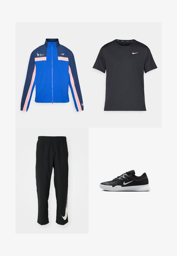 Blå jakke med marine- og rosa striper, høy krage, glidelås foran og sportlogo på venstre bryst. Lett og glatt stoff.; Svart Nike løpe-T-skjorte laget av lett, pustende stoff, med korte ermer og en liten hvit logo på brystet.; Svarte treningbukser med elastisk midje, smalere design, med en stor hvit Nike-logo på venstre bein. Myk, lett stoff.; Svart treningssko med teksturert overdel, hvit Nike-swoosh og hvit gummisåle. Har snøring og en dynamisk form.