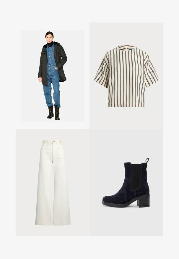 Črna parka jakna s krznom obloženim kapuco, nosi se preko modrega denim kombinezona. Model nosi črne gležnjarje. Enobarvna bela podlaga.; Kratek rokav, prugast top v kremni in mornarsko modri barvi, z okroglim izrezom in kvadratnim dizajnom ter teksturirano tkanino.; Široke jeans hlače v off-white denim tkanini. Visok pas z gumbnim zapiranjem, dvema sprednjima žepoma in detajli kontrastnega šivanja.; Temno modre semiš čevlje do gleženj z elastiko na strani, okroglo konico in blokastim peto. Tekstura tkanine in gladek podplat dodajata kontrast.