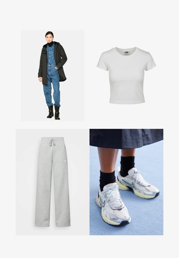 Črna parka jakna s krznom obloženim kapuco, nosi se preko modrega denim kombinezona. Model nosi črne gležnjarje. Enobarvna bela podlaga.; Bela bombažna majica s klasičnim okroglim ovratnikom, kratkimi rokavi in prilegajočim se krojem. Ni vidnih vzorcev ali dodatkov.; Sive hlače iz trenirke z elastičnim pasom, detajlom na vezanje in majhnim belim logotipom Nike na levem stegnu. Mehak material, ohlapen kroj.; Bele in srebrne Nike teniske z mrežasto tkanino, refleksnimi poudarki in bež podplatom. Nosi se z črnimi nogavicami, stoji na modri površini.