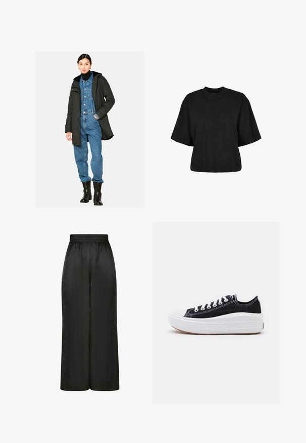 Czarna parka z kapturem wyłożonym futrem, noszona na niebieskim kombinezonie dżinsowym. Model ma na sobie czarne botki za kostkę. Gładkie białe tło.; Czarny krótki t-shirt wykonany z bawełny. Posiada krótkie rękawy i okrągły dekolt. Gładka tekstura z prostym wzornictwem, bez dodatkowych wzorów.; Czarne spodnie z szerokimi nogawkami, wykonane z gładkiego, błyszczącego materiału, z elastycznym pasem i bez widocznych kieszeni ani elementów metalowych.; Czarne płócienne tenisówki z białymi sznurowadłami, białą gumową czapeczką na palcach i masywną białą podeszwą. Mają subtelne białe przeszycia i gumową podeszwę.