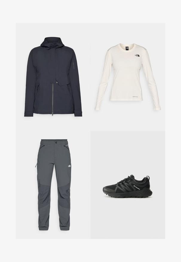 Marineblauwe windjack met capuchon, rits aan de voorkant en zijzakken. Gemaakt van soepel, lichtgewicht materiaal met minimale details.; The North Face SHADOW LONG SLEEVE - Longsleeve - white dune; Donkergrijze buitenbroek met versterkte kniezakken, met rits gesloten zij- en voorkruiken, knoopsluiting en het logo van The North Face op de dij.; Columbia PEAKFREAK - Outdoorschoenen - black