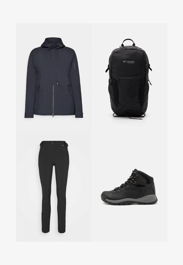 Marineblauer Windbreaker mit Kapuze, Reißverschluss vorne und Seitentaschen. Hergestellt aus glattem, leichtem Material mit minimalen Details.; Graues T-Shirt mit kurzen Ärmeln aus weichem, feuchtigkeitsableitendem Stoff. Hat einen Rundhalsausschnitt und ein kleines weißes Logo auf der oberen linken Seite.; Schwarze, enganliegende Hosen aus einem flexiblen Material. Zu den Merkmalen gehören eine seitliche Reißverschlusstasche, vorgeformte Knie und eine glatte Textur.; Schwarzer Wanderstiefel mit einem mittelhohen Design, ausgestattet mit einer strukturierten Oberfläche, grauen Akzenten und einer robusten Gummisohle mit Profilstollen.; Schwarzer Columbia Titanium Rucksack mit glatter Stofftextur, Seitentaschen, Oberhandgriff und verstellbaren Trägern. Minimalistisches Design mit dezentem Branding.