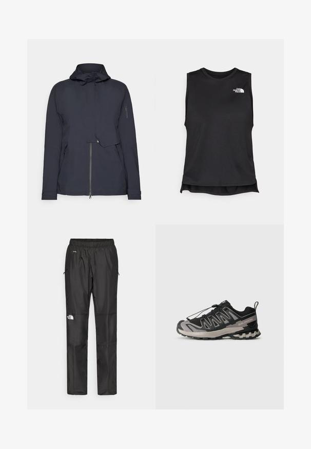 Navy windbreaker jacket featuring a hood, zippered front, and side pockets. Made from smooth, lightweight material with minimal detailing.; Black sleeveless athletic top made of smooth, lightweight fabric. Features a round neckline and a small white logo on the left chest.; Black waterproof pants made from lightweight fabric, featuring an elastic waistband, side pockets, and a logo on the left leg.; Black and gray athletic shoe with mesh upper, rubber sole, and elastic lace system. Features a reinforced toe and textured accents.