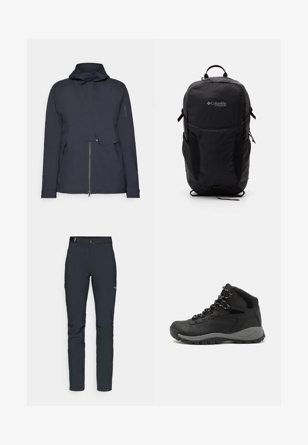 Casaco corta-vento azul-escuro com capuz, fecho éclair na frente e bolsos laterais. Fabricado em material leve e suave, com detalhes mínimos.; T-shirt preto da Columbia com arte em linha branca circular representando montanhas e rios, e o texto "Columbia Sportswear Company Outside Since 1938."; Calças de exterior para homens, cinza escuro, feitas de material flexível, com cinto, bolsos com fecho éclair e costuras reforçadas.; Bota de caminhada preta com design de cano médio, apresentando um upper texturizado, detalhes cinzentos e sola de borracha durável com cravos de tração.; Mochila Black Columbia Titanium com uma textura de tecido suave, bolsos laterais, pega superior e alças ajustáveis. Design minimalista com uma marcação subtil.