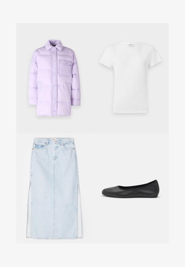 Lilac puffer jacket with a button-up front, point collar, and single chest pocket. Features quilted design and soft, smooth texture.; White cotton t-shirt with a crew neckline and short sleeves, featuring a relaxed fit and minimalistic design. Tag visible at the neck.; Light blue denim maxi skirt with a straight cut, featuring side slits and five-pocket design. Prominent stitching and metal button closure.; Black leather ballet flat with a rounded toe, smooth texture, minimal stitching detail, and a flexible sole design.