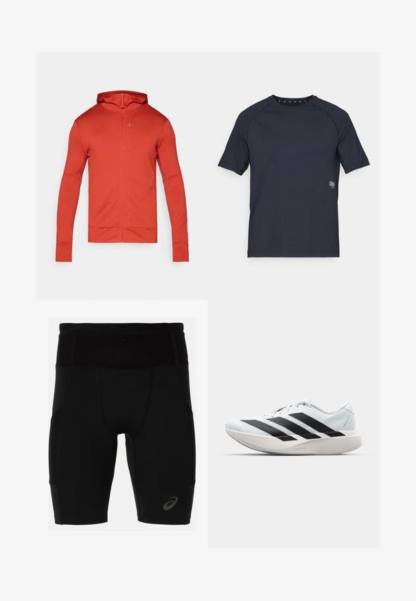 Corta-vento vermelho com fecho éclair e capuz, apresentando mangas longas e punhos. Feito de tecido texturizado, com um pequeno bolso com fecho no peito.; T-shirt curto de manga curta em azul marinho escuro, feito de tecido leve, com decote redondo, detalhes de ilhós pequenos na parte de trás e logótipo na frente.; Calções atléticos pretos com um design ajustado, feitos de um material suave. Apresentam uma cintura alta e um pequeno logo na parte inferior da perna esquerda.; Tênis de corrida leves em azul pálido com riscas pretas. Apresentam um cabedal liso, bico redondo e uma entressola espessa branca rotulada como "LIGHTSTRIKE PRO."