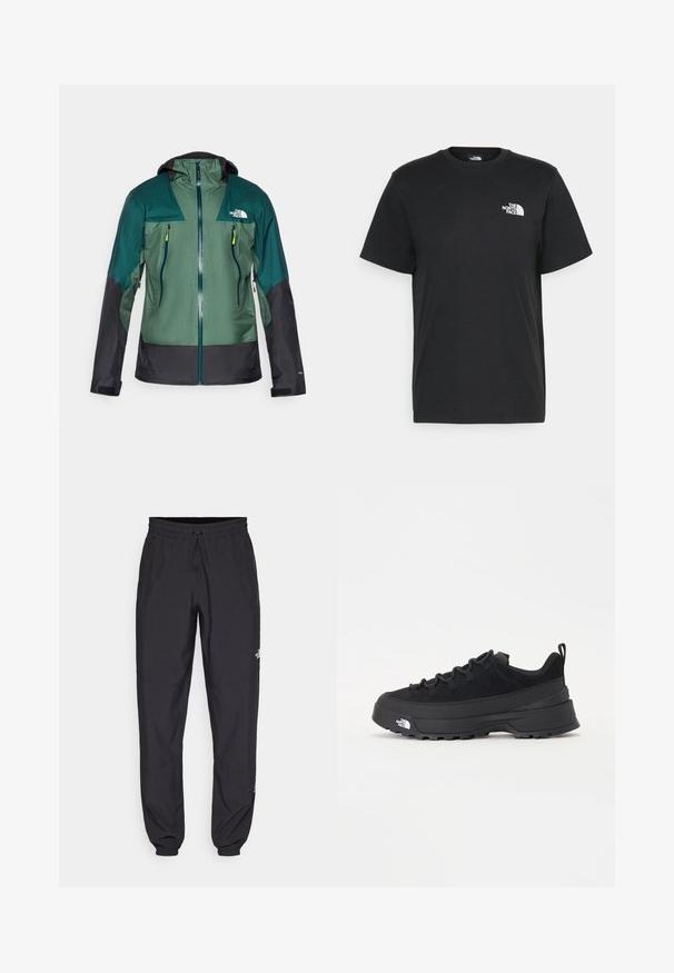 Zaļš un melns ūdensnecaurlaidīgs jaka ar kapuci, zipa priekšpusi, divām krūšu kabatām un teksturētu audumu vieglā dizainā.; Melna kokvilnas T-krekls ar īsām piedurknēm, apaļu kakla izgriezumu un mazu balto logotipu kreisajā krūtīs. Vienkāršs dizains, gluda tekstūra un brīvs piegriezums.; Melni sporta bikses, kas izgatavotas no viegla auduma, ar savelcamu jostu, sānu kabatām un sašaurinātiem apakšējiem galiem pie potītēm.; Melni āra sporta apavi ar zamšādas virsu, teksturētu gumijas zoli un izturīgu auklu sistēmu. Iezīmēts ar pastiprinātu papēdi un zīmola logo sānu daļā.