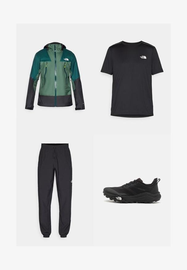 Jachetă impermeabilă verde și neagră cu glugă, având un fermoar în față, două buzunare pe piept și un material texturat într-un design ușor.; Tricou negru cu mânecă scurtă, realizat dintr-un material ușor. Prezintă un mic logo alb pe pieptul stâng și accente subtile pe umeri.; Pantaloni atletici negri, confecționați dintr-un material ușor, cu un tiv elastic la talie, buzunare laterale și tivuri ajustate la gleznă.; Pantofii de alergare pe teren accidentat, de culoare neagră, cu un superior texturat, talpă din cauciuc și vârf întărit. Prezintă un guler căptușit și o bandă de prindere pentru îmbrăcare ușoară.