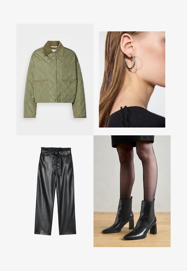 Skraćena quiltana jakna u maslinastoj boji, s okovratnikom od kordura, dva prednja džepa, kopčanjem na pritisak i teksturiranim dijamantnim uzorkom.; Bijela bluzica dugih rukava s klasičnom kragnom, prednjim kopčanjem na gumbe i nabranim detaljem sa strane. Glatka tkanina s krojem koji se dobro prilagođava.; Crne hlače širokih nogavica od umjetne kože s elastičnim, nabranim pojasom i odvojivim remenom. Glatka tekstura i minimalni sjaj.; Crne kožne gležnjače s šiljastim vrhom, robusnim četvrtastim potplatom i elegantnim dizajnom. Imaju elastične bočne panele za jednostavno oblačenje.; Srebrna kružna naušnica s poliranim završetkom, koja ima male zlatne detalje i okrugli oblik, nošena na uhu.