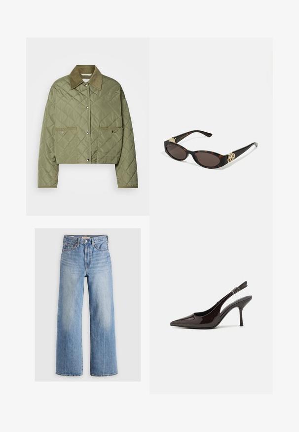 Lyhennetty vuoritakkia oliivinvihreänä, jossa on samettikaulus, kaksi etutaskua, nepparikiinnitys ja teksturoitu timanttikuvio.; Sininen raidallinen nappipaita, jossa on kaulus, pitkät hihat ja kaareva helma. Kankaan pinta vaikuttaa sileältä ja kevyeltä. Nappilukitus edessä.; Vaaleansinisiä leveälahkeisia farkkuja, joissa on korkea vyötärö, haalistuneita kohtia, viisi taskua ja kontrastiväriset tikkaukset. Klassinen nappi- ja vetoketjusulku.; Korkokenkät tummanruskeasta kiiltävästä patenttinnahasta, teräväkärkiset, avoimet sivut ja säädettävä nilkkaremmi.; Silmärilakkiset tortoiseshell-aurinkolasit, joissa on pitkänomaiset ovaalit linssit, ruskea sävy, kultaiset logo-koristeet temppeleissä ja sulavalinjaiset mustat varret.