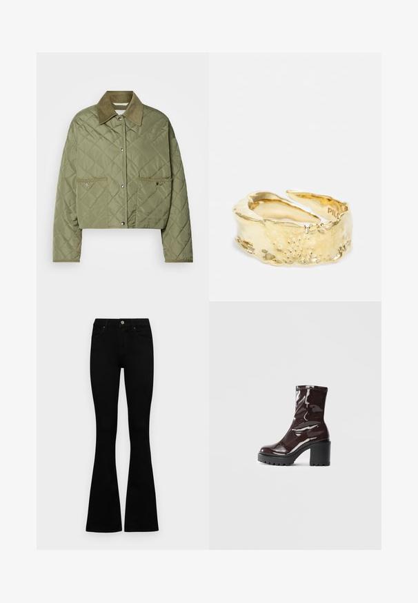 Zkrátená prešívaná bunda olivovej farby, s kordovým golierom, dvojicou predných vreciek, zapínaním na patentky a textúrovaným diamantovým vzorom.; Tmavosivý oversized tričko vyrobené z bavlny, s centrálnou grafikou slnka s prepracovanými líniovými detailmi potlačenými na prednej strane.; Čierne vysoké nohavice s gombíkom a zipsom, predné vrecká a rozšírené nohavice položené na bielom pozadí.; Lesklé burgundské kotníkové boty s robustním černým podpatkem, s hladkou strukturou a jednoduchým designem. Bez viditelných zapínání nebo vzorů.; Zlatý prsteň s textúrovaným, vlnitým dizajnom a lešteným povrchom, ktorý zobrazuje zložitú detailnosť a medzeru v objímke pre nastaviteľnú veľkosť.