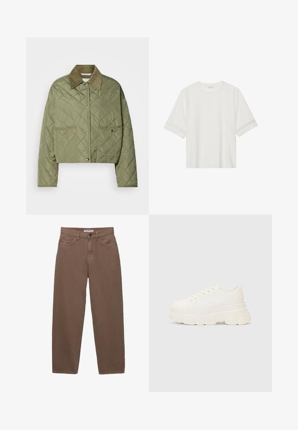 Pokrčena prešita jakna v olivno zeleni barvi, z jermenastim ovratnikom, dvema sprednjima žepoma, zapiranjem na pritisne gumbe in teksturiranim diamantom vzorec.; Bela kratka majica s kratkimi rokavi iz bombaža, okrašena z dekorativnim čipkastim robom ob rokavih in okroglo izrezom.; Rjave bombažne denim hlače z ohlapen krojem, petimi žepi in zadrgo. Imajo subtilno teksturo in klasične šive.; Bela platnena teniska z debelim podplatom, okroglo konico in petimi luknjicami za vezalke. Zadaj je dodana zanka za enostavno obuvanje. Gladka tekstura, minimalistična zasnova.