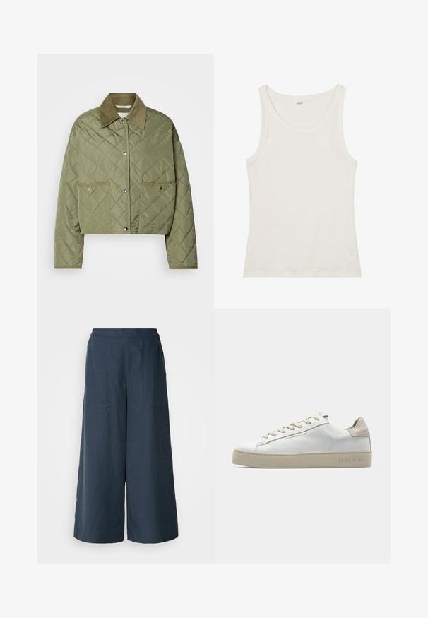 Zkrácená prošívaná bunda v olivové barvě, s manžetou z kordu, dvěma předními kapsami, zapínáním na patentky a texturovaným diamantovým vzorem.; Bílý bavlněný top bez rukávů s širokým výstřihem a tenkými ramínky. Hladká textura bez viditelných vzorů nebo ozdob.; Široké kalhoty v námořnické modři, vyrobené z lehké tkaniny. Mají mírně texturovaný povrch, elastický pas a přední švy.; Bílé kožené tenisky s hladkým povrchem, béžovými semišovými akcenty, kulatou špičkou, plochým šněrováním a texturovanou gumovou podrážkou.
