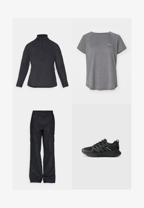 Pullover de fleece cinza escuro com gola de meio zíper, mangas longas e bolsos laterais; tecido texturizado e acabamento liso na gola.; Camisa cinza de manga curta com um padrão texturizado subtil, decote redondo e logótipo da Columbia no peito. Tecido suave, ajuste descontraído.; Columbia BREA FALLS™ COTTON RIPSTOP PANT - Calças para exterior - black; Columbia PEAKFREAK - Sapatos de caminhada - black