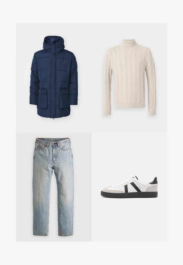 Granatowy, pikowany płaszcz z kapturem, z zapięciem na zamek z przodu, dwiema dużymi kieszeniami z przodu oraz poziomym przeszyciem.; Beżowy, dzianinowy sweter z wysokim, prążkowanym golfem. Posiada teksturowany wzór w warkocze oraz prążkowane mankiety i dół, co zapewnia przytulny wygląd.; Jasnoniebieskie dżinsy z wysokim stanem, z guzikiem z przodu, zamkiem błyskawicznym i pięcioma kieszeniami, ułożone na płasko na neutralnym tle.; Białe sneakersy z czarnymi i szarymi akcentami, z teksturowanym szarym czubkiem, czarną gumową podeszwą i płaskimi białymi sznurowadłami. Czysty design, minimalistyczny styl.