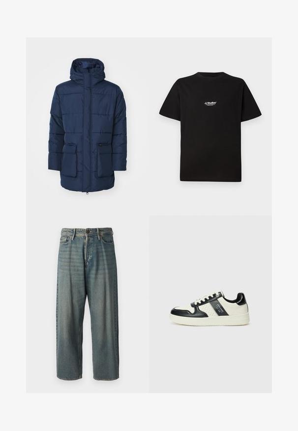 Ναυτικό μπλε παλτό με επένδυση και κουκούλα, που διαθέτει μπροστινό φερμουάρ, δύο μεγάλες μπροστινές τσέπες και οριζόντια ραφή.; Μαύρη βαμβακερή μπλούζα με στρογγυλή λαιμόκοψη και κοντά μανίκια. Διαθέτει λευκό λογότυπο "JJ Studios" στην περιοχή του άνω στήθους.; Ανοιχτό μπλε τζιν παντελόνι με χαλαρή γραμμή, μέση μέσου ύψους και ευθείες γραμμές. Περιλαμβάνει πέντε τσέπες, θηλιές ζώνης και κούμπωμα με κουμπί.; Δερμάτινα sneakers με μαύρο και κρεμ χρωματικό σχέδιο, με διάτρητες λεπτομέρειες, επενδεδυμένο κολάρο και υφή στη σόλα.