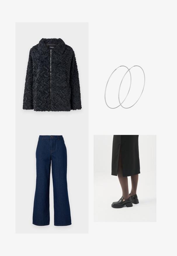 Zwarte, gestructureerde, donzige jas met een kraag, ritssluiting aan de voorkant en lange mouwen. Heeft een zigzagpatroon over de stof.; Zwarte off-the-shoulder ribgebreide crop top met lange mouwen, voorzien van een geplooide halslijn en een aansluitende pasvorm.; Donkerblauwe denim wijde broek met hoge taille, knoopsluiting aan de voorkant en subtiele stiksels. Soepele textuur en geen patronen.; Zwarte leren schoenen met een ronde neus, dikke blokhak en elastische zijkanten, gecombineerd met donkere panty's en een zwarte rok met een split.; Zilveren hoepel oorbellen met een minimalistisch ontwerp. Cirkelvormig, gladde textuur en dun profiel. Lichtgewicht met een gepolijste afwerking.